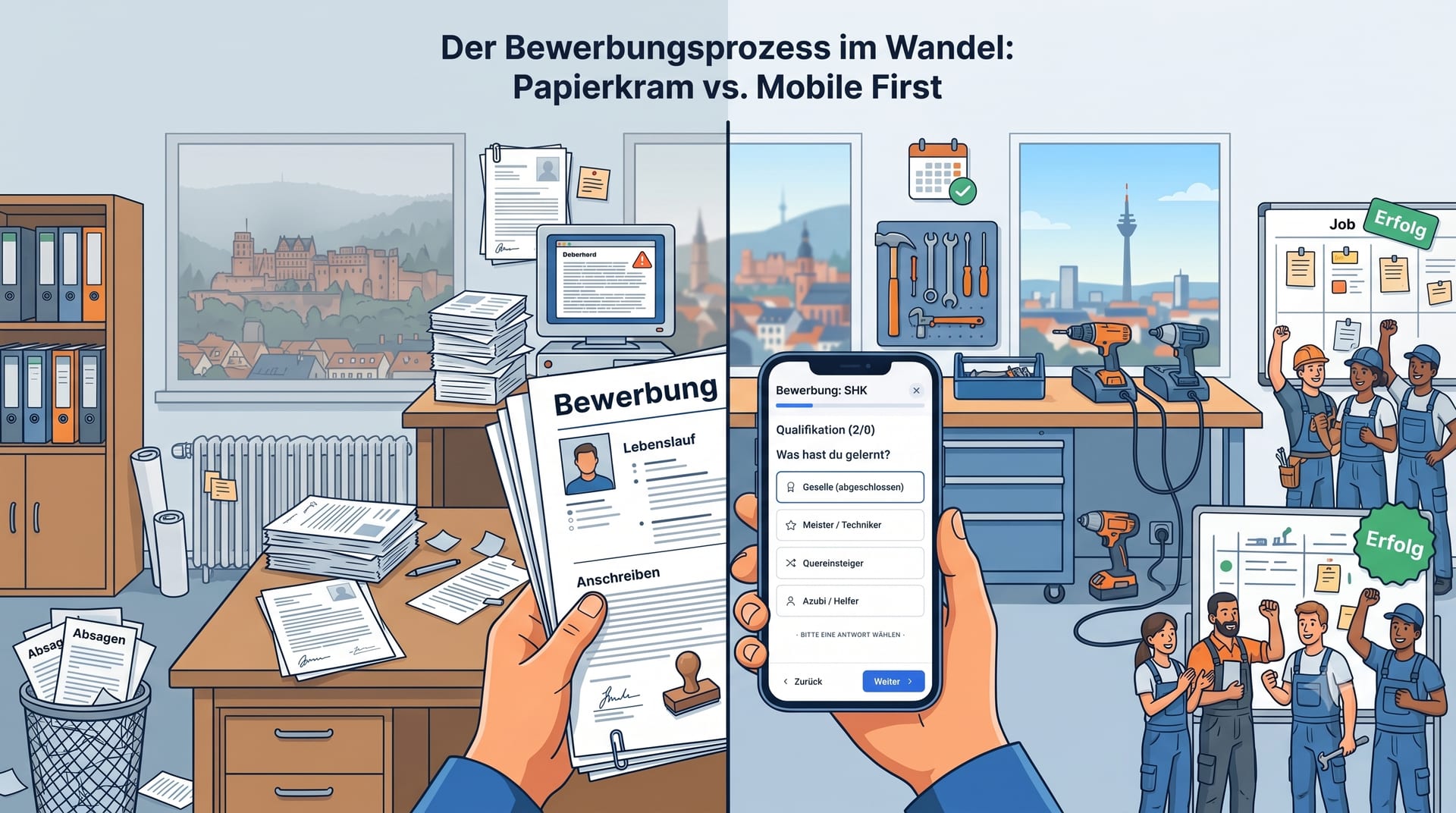 Eine illustrative Infografik mit dem Titel „Der Bewerbungsprozess im Wandel: Papierkram vs. Mobile First“. Die linke Seite zeigt ein chaotisches Büro mit Aktenbergen und klassischen Bewerbungsunterlagen. Die rechte Seite zeigt eine moderne Werkstatt, in der ein Smartphone mit einem einfachen, digitalen Bewerbungsfunnel für Handwerker gehalten wird.