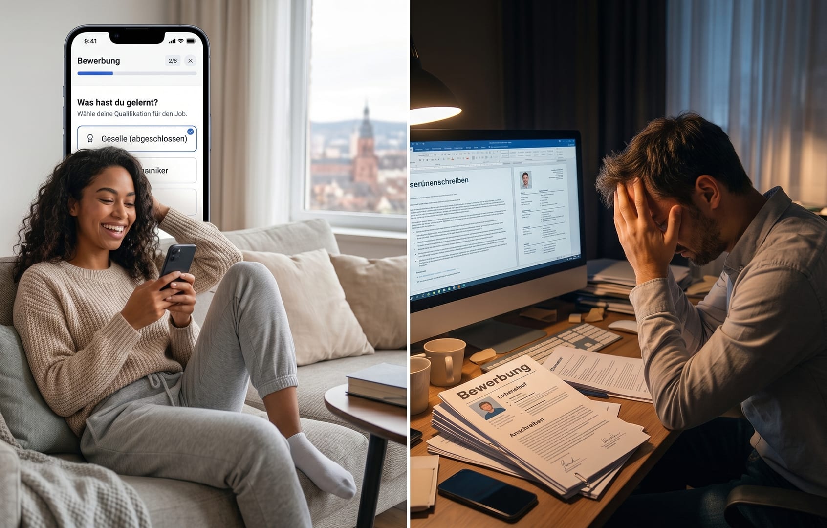 Ein geteiltes Bild im 16:9-Format, das zwei gegensätzliche Bewerbungsszenarien vergleicht, mit dem Titel „Mobiles Bewerben vs Traditionelles Bewerben“ oben. Links entspannt sich eine lächelnde junge Frau auf einem modernen Sofa in einem lichtdurchfluteten Wohnzimmer und hält ein Smartphone hoch. Der vergrößerte Bildschirm zeigt eine übersichtliche mobile Bewerbungsoberfläche mit dem Text „Bewerbung: Was hast du gelernt? Wähle deine Qualifikation...“ und ausgewählten Optionen wie „Geselle (abgeschlossen)“. Rechts sitzt ein Mann in einem dunklen, unordentlichen Heimbüro bei Nacht, den Kopf frustriert in die Hände gestützt, vor einem Desktop-Computer, der eine lange, textlastige Bewerbung anzeigt. Sein Schreibtisch ist überladen mit unzähligen Papierdokumenten, Aktenordnern und ausgedruckten Lebensläufen, die die Aufschrift „Bewerbung“ und detaillierten Text tragen.