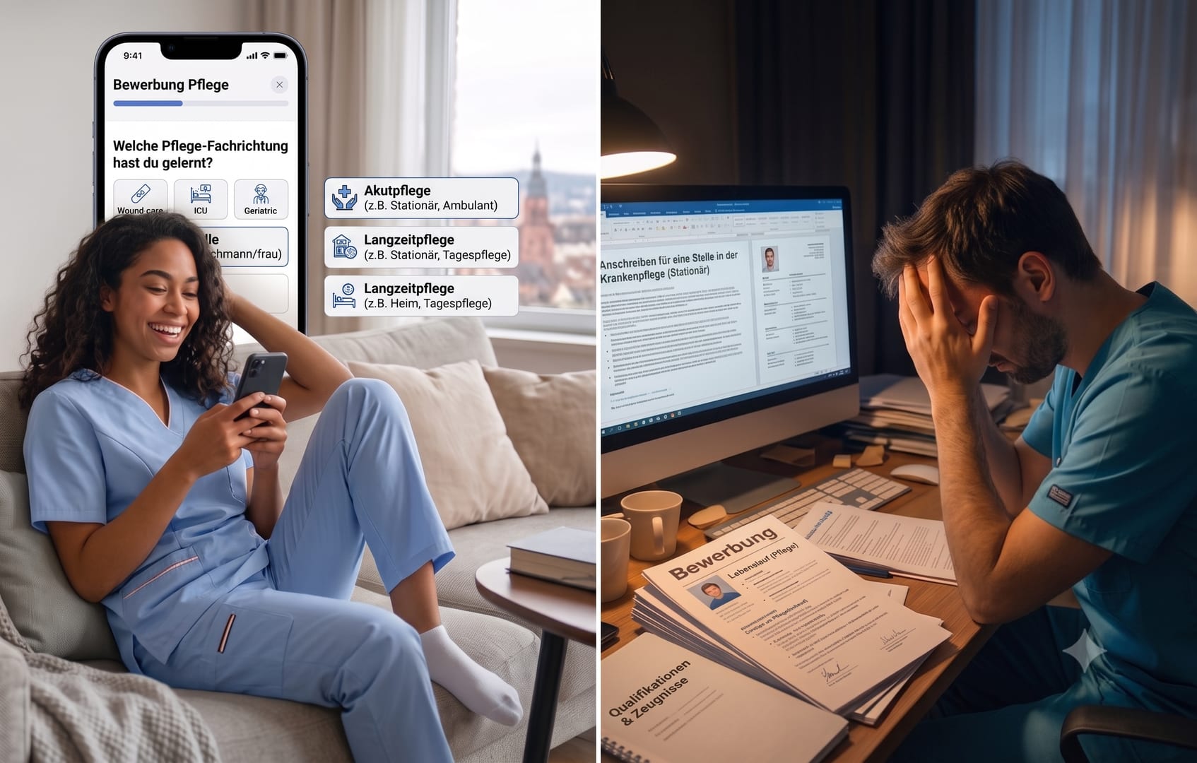 Zweigeteiltes Bild zum Vergleich von Bewerbungsmethoden in der Pflege: Links eine lächelnde Pflegekraft in hellblauem Kasack auf dem Sofa, die sich unkompliziert per Smartphone-App bewirbt. Rechts eine gestresste Pflegekraft nachts am Schreibtisch vor Bergen von traditionellen Papier-Bewerbungsunterlagen.