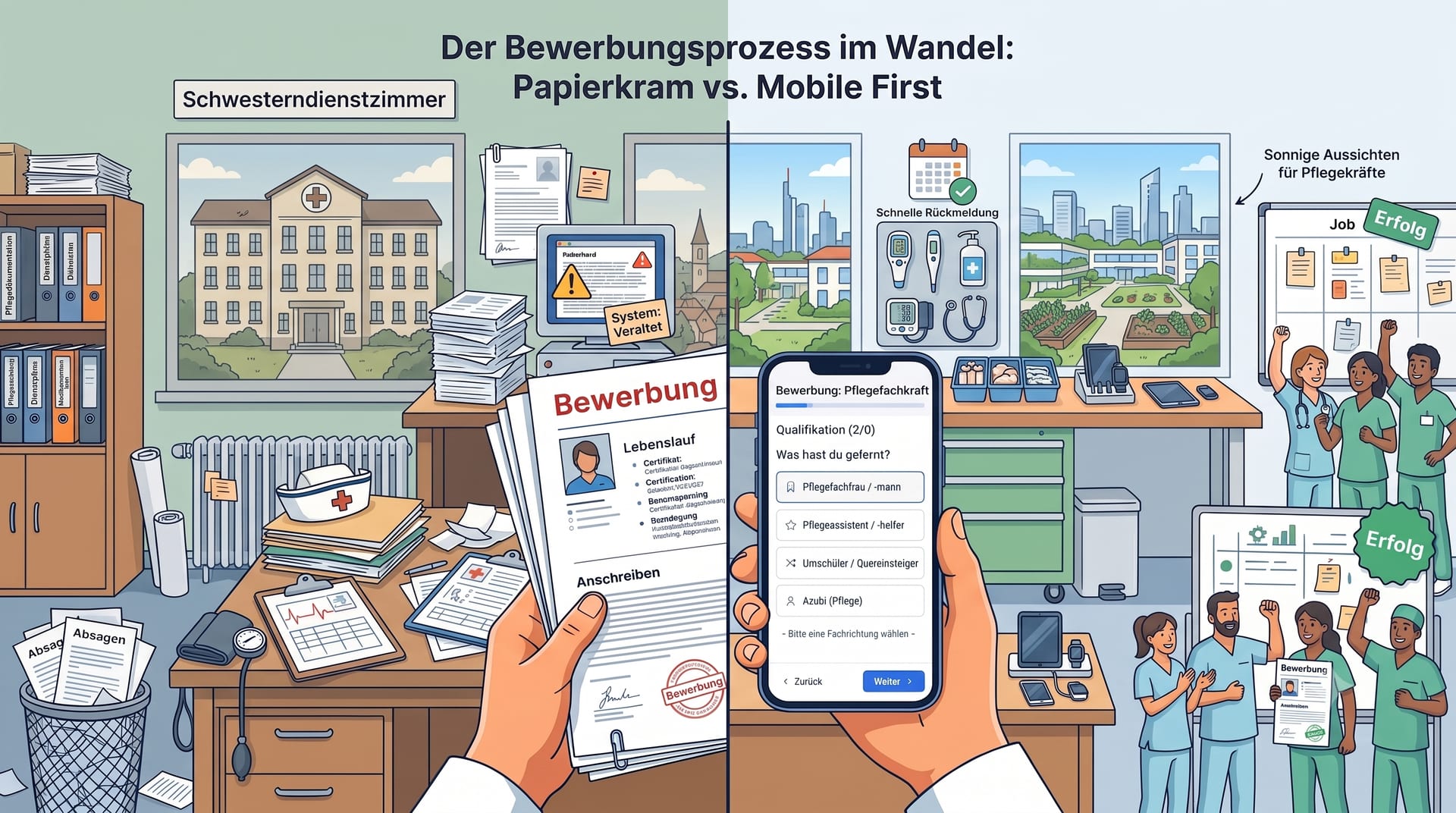 Alt-Text: Eine Illustration, die den Wandel im Bewerbungsprozess für Pflegekräfte zeigt. Die linke Seite zeigt ein chaotisches Schwesternzimmer mit Aktenstapeln und einer gedruckten Bewerbungsmappe. Die rechte Seite zeigt eine moderne Station, auf der ein Bewerber seine Qualifikationen einfach per Smartphone auswählt und das Team den Erfolg feiert.