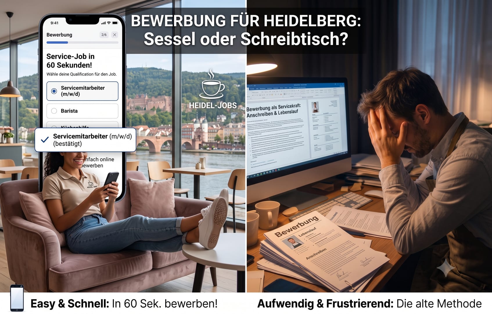 Vergleichsbild mit dem Titel „BEWERBUNG FÜR HEIDELBERG: Sessel oder Schreibtisch?“. Links bewirbt sich eine Frau lächelnd und entspannt mit dem Smartphone auf einem Sofa. Rechts sitzt ein frustrierter Mann im Gastronomie-Outfit am unaufgeräumten Schreibtisch vor Papieren und einem komplizierten Bewerbungstext auf dem PC-Monitor.