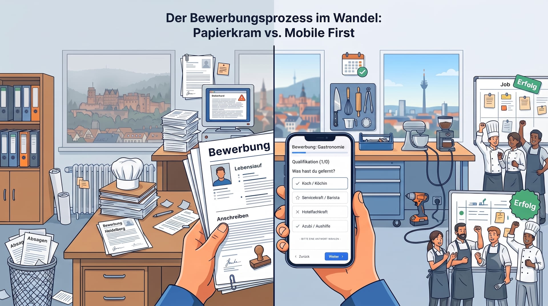 Zweigeteilte Illustration mit dem Titel „Der Bewerbungsprozess im Wandel: Papierkram vs. Mobile First“. Links eine Hand mit analogen Bewerbungsunterlagen vor einem chaotischen Büro voller Akten und Absagen. Rechts eine Hand mit einem Smartphone, das eine Gastronomie-Bewerbungs-App zeigt, im Hintergrund eine moderne Küche und jubelnde Mitarbeiter mit „Erfolg“-Stempeln.