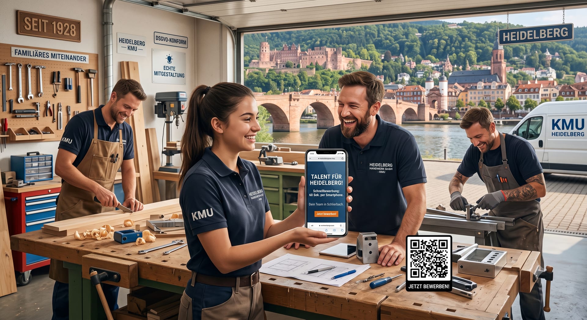 Digitales Recruiting im Handwerk: Mobile Bewerbung per Smartphone in einer modernen KMU-Werkstatt.