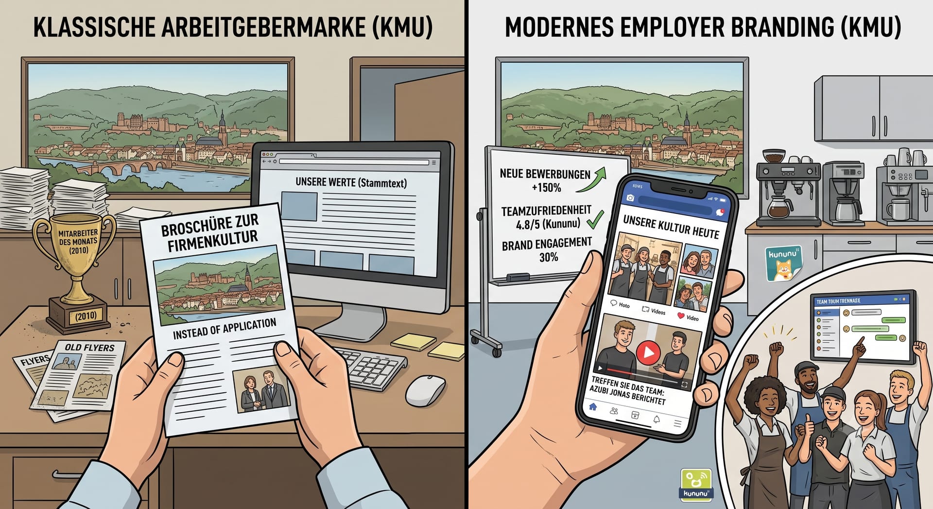 Wandel der Arbeitgebermarke: Klassische KMU-Strukturen vs. modernes Employer Branding.
